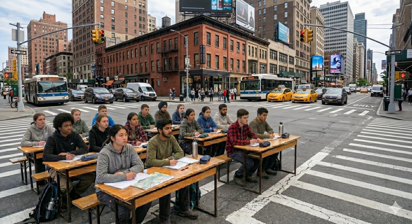 Students at desks on a city street