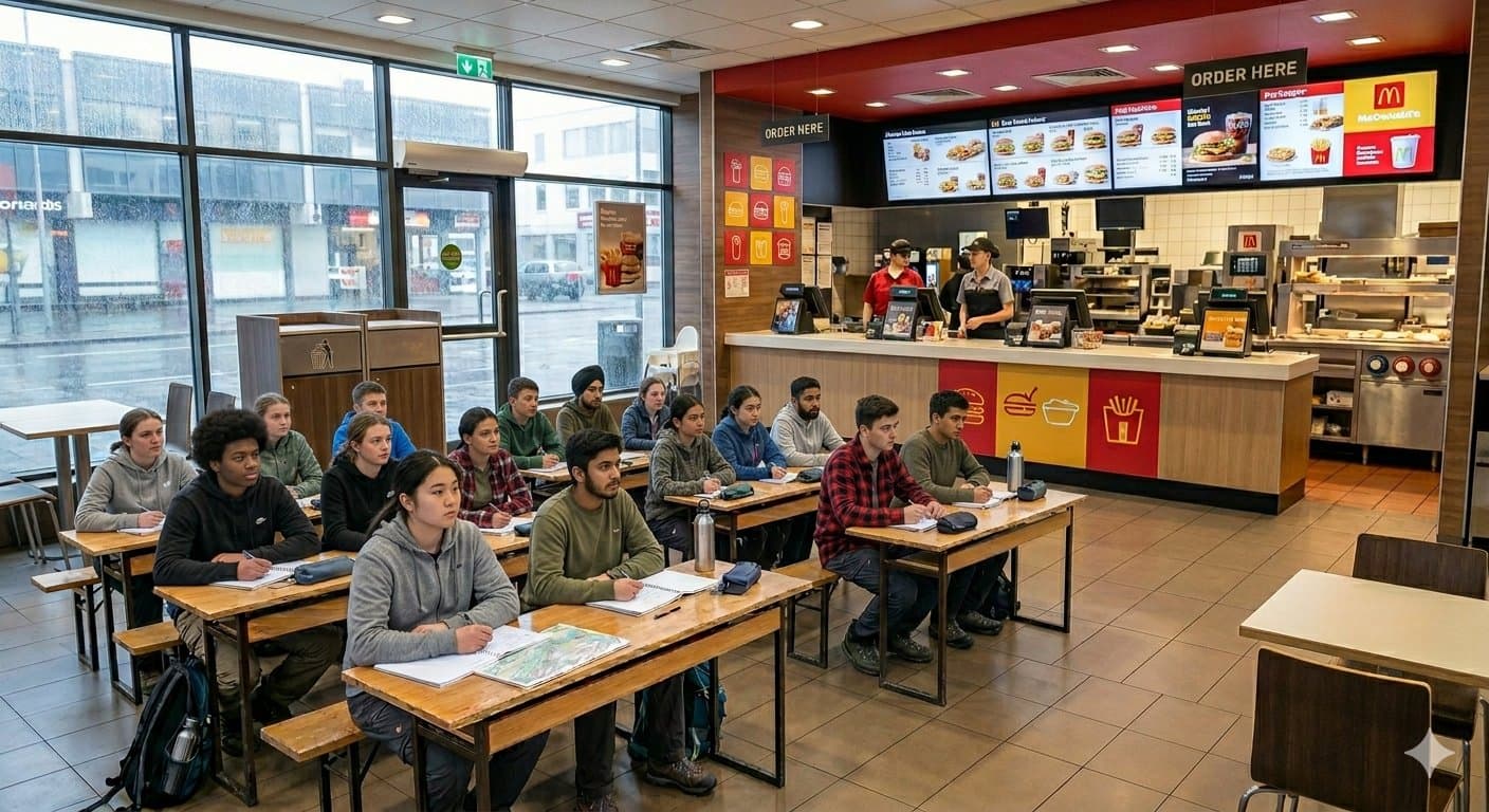 Students at desks in a desert landscape