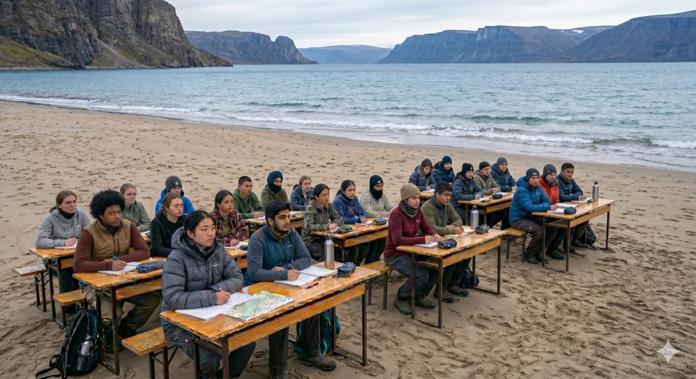 Students at desks on a beach beside a fjord