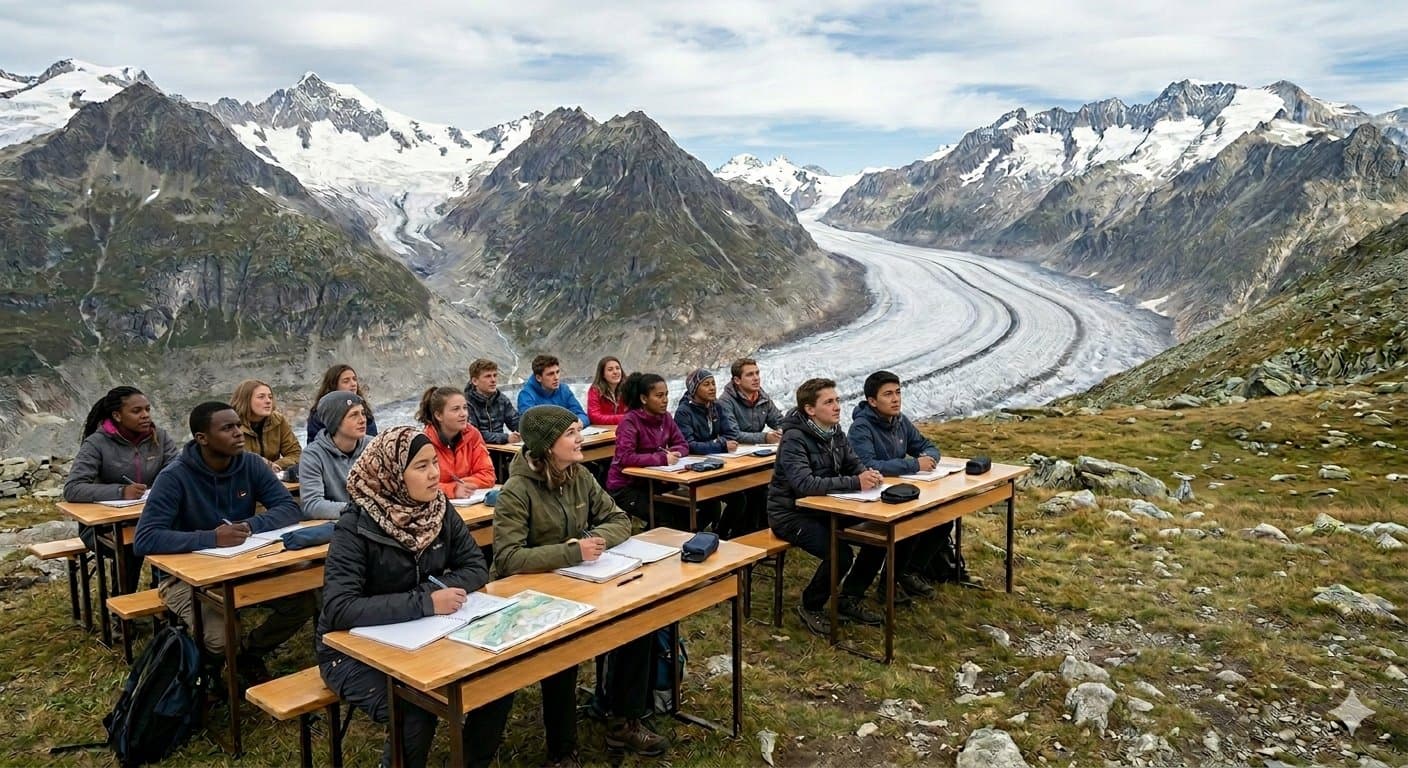 Students at desks above a glacier