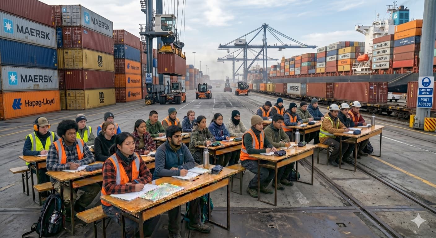 Students at desks inside a container port