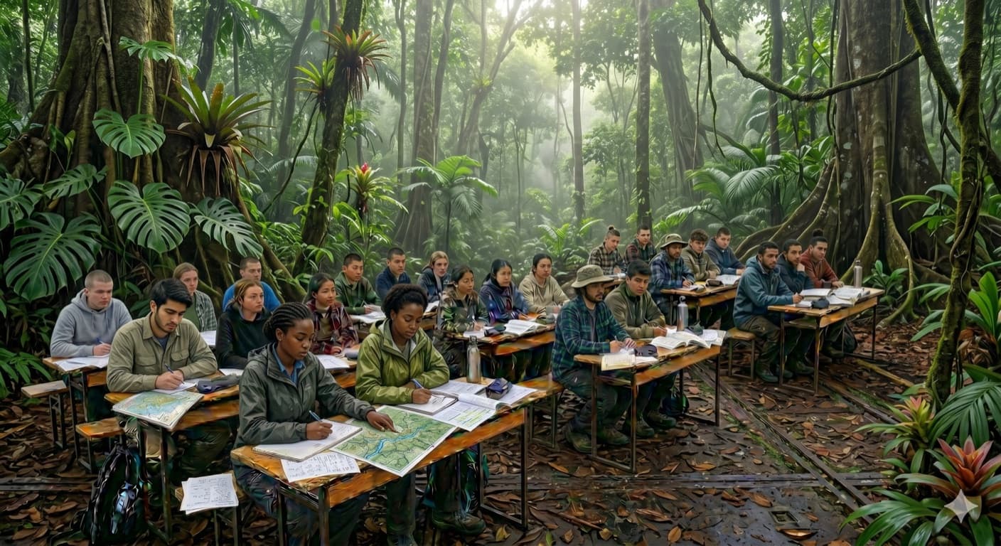 Students at desks in a rainforest clearing