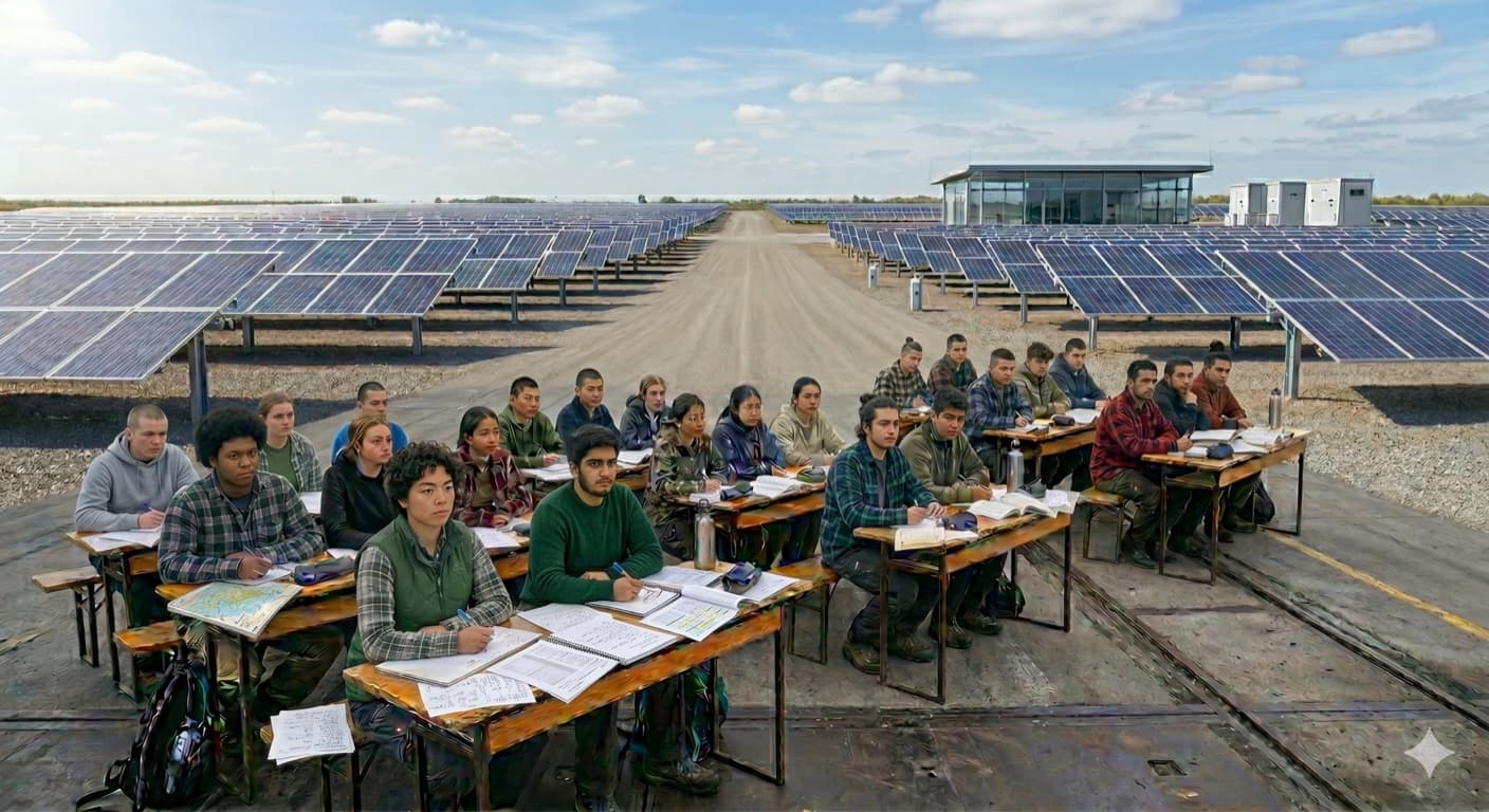 Students at desks beside a solar farm