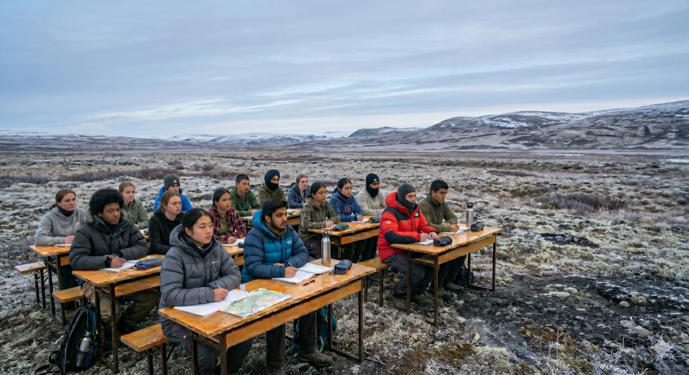 Students at desks on a frozen tundra plain
