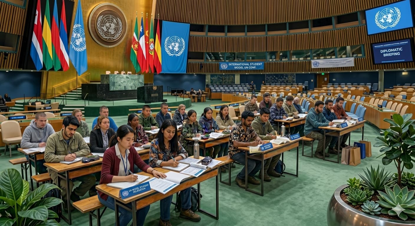 Students at desks in a UN-style assembly hall